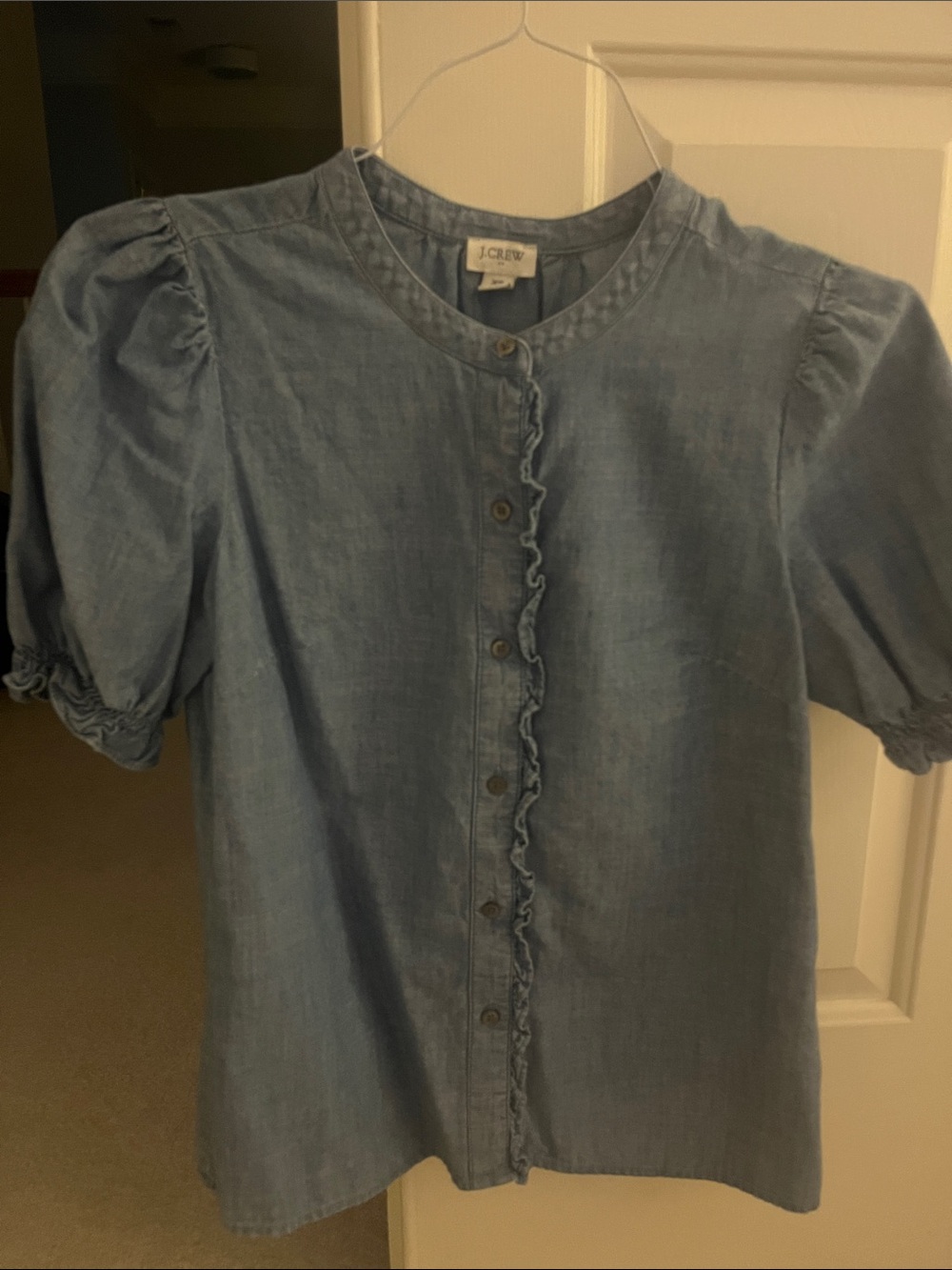 J. Crew Light Blue Chambray Puff Sleeve Ruffle Front Blouse